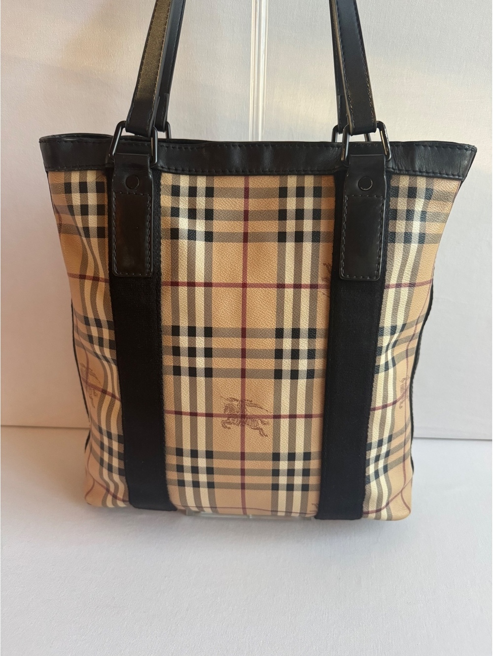 Authentic Burberry Haymarket Check PVC Leather Zip Tote Shoulder Bag Italy COA